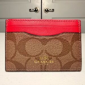 Coach Signature Card Case Slim Wallet Canvas Red Leather Trim Brown Gold Logo